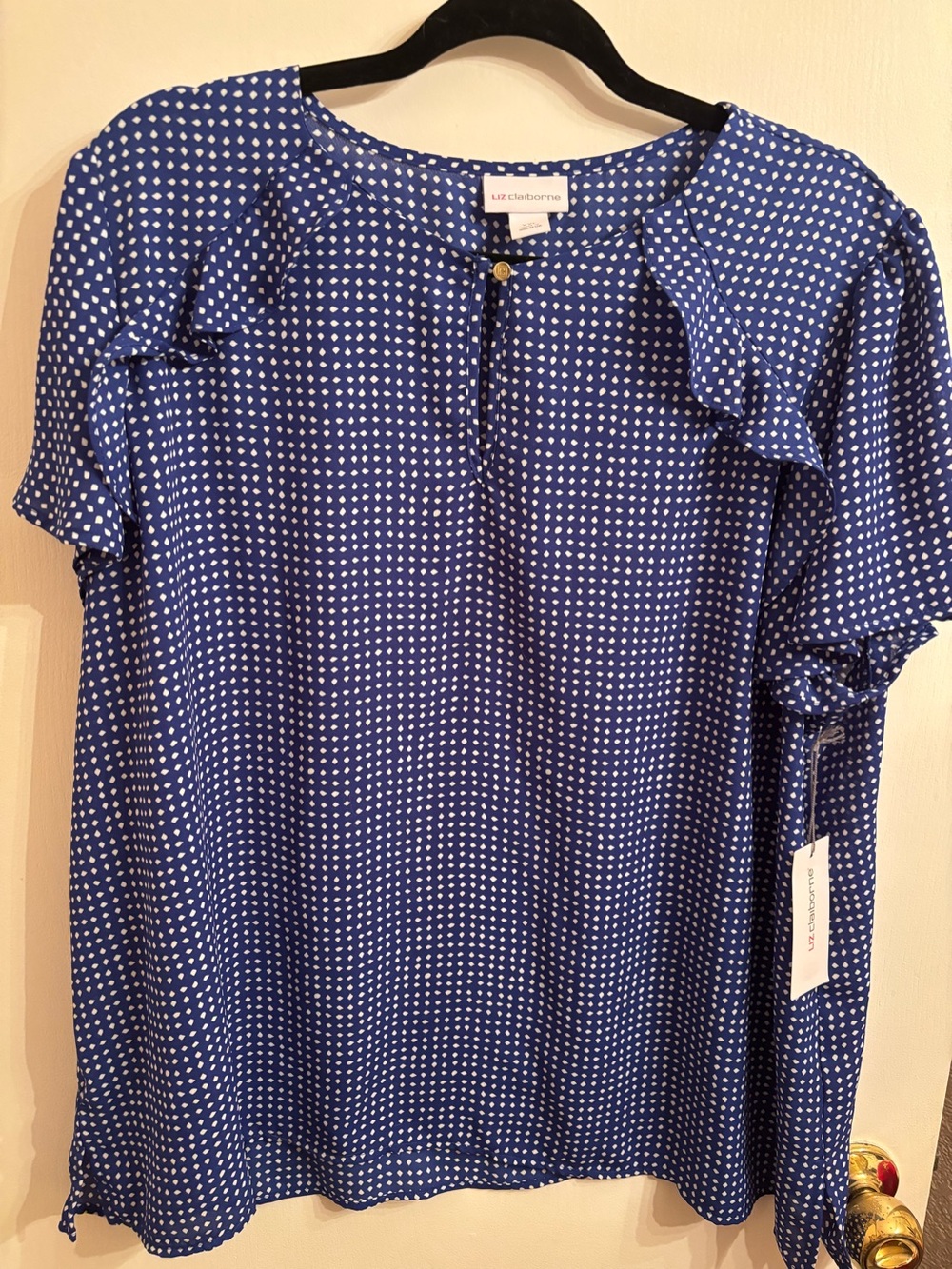 Liz Claiborne Royal Blue and White Dot Keyhole Blouse